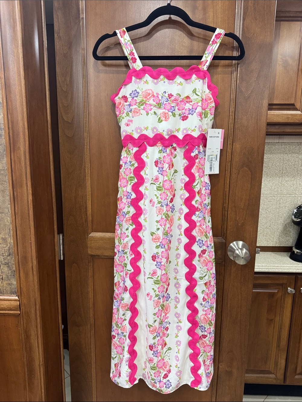 Rare Editions White Floral Maxi Dress with Pink Ric Rac Trim